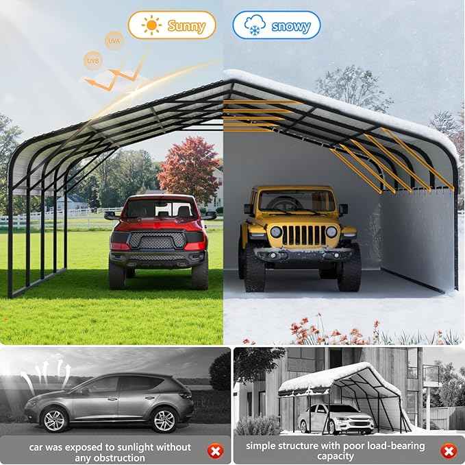 20x20 Metal Carport, Heavy Duty 2-Car Carport Canopy, CarPorts with Removable Polyethylene Sidewalls, Galvanized Steel Roof Car Tent Garage