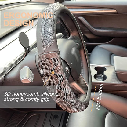 PINCTROT Great Grip Steering Wheel Cover for Tesla Model Y/3 2016-2025 2026 Standard/Highland/Juniper, D Shaped 14 Inch Small Sized, Flat Bottom with 3D Honeycomb Anti-Slip Design (Great Grip Black)