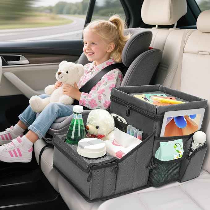Car Seat Organizer, Backseat Car Organizer with Cup Holder Tray and Storages for Kids and Adults, Portable Travel Cooler for Car for Front or Back Seat Passenger Organizer Ccompartment (Grey)