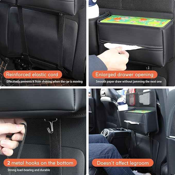 Leather Car Seat Back Organizer with Tissue Holder, Water Bottle Holder, Phone Holder for Road Trips. (Black)
