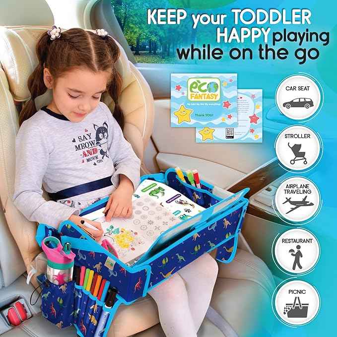 Kids Travel Tray - Waterproof Car Table with No-Drop Large Tablet Holder - Car Seat Tray - Road Trip Must Haves - Lap Desk Kids Organizer for Airplane - Toddler Travel Activities (Blue)