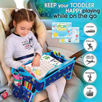 Kids Travel Tray - Waterproof Car Table with No-Drop Large Tablet Holder - Car Seat Tray - Road Trip Must Haves - Lap Desk Kids Organizer for Airplane - Toddler Travel Activities (Blue)