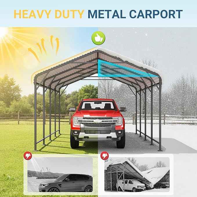 Wisteria Lane 12x20FT Metal Carport, Heavy Duty Carport Canopy with Reinforced Frame and Base for All-Weather, Outdoor Garage Car Port for Boats, Tractors, Pickup Trucks or Party, Dark Gray