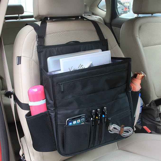 LUXJA Car Front Seat Organizer with Laptop and Tablet Storage Pockets, Car Seat Organizer with Back Adjustable Straps, Black
