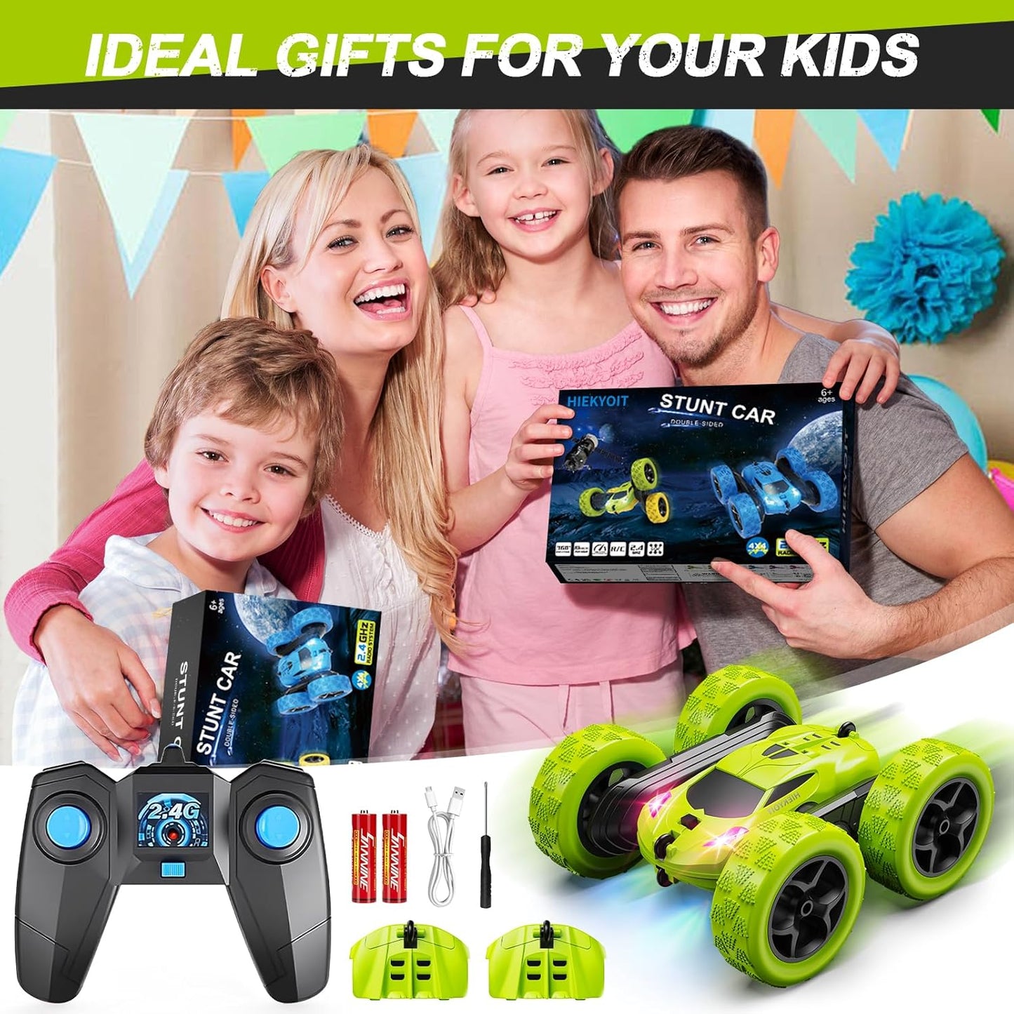 Remote Control Car for Kids Ages 6+, RC Cars Stunt Car Toy 4WD Double Sided 360° Rotating Remote Control with Headlights, Birthday Xmas Gifts for Boys 6 7 8 9 10 11 12 Green - AutoBay