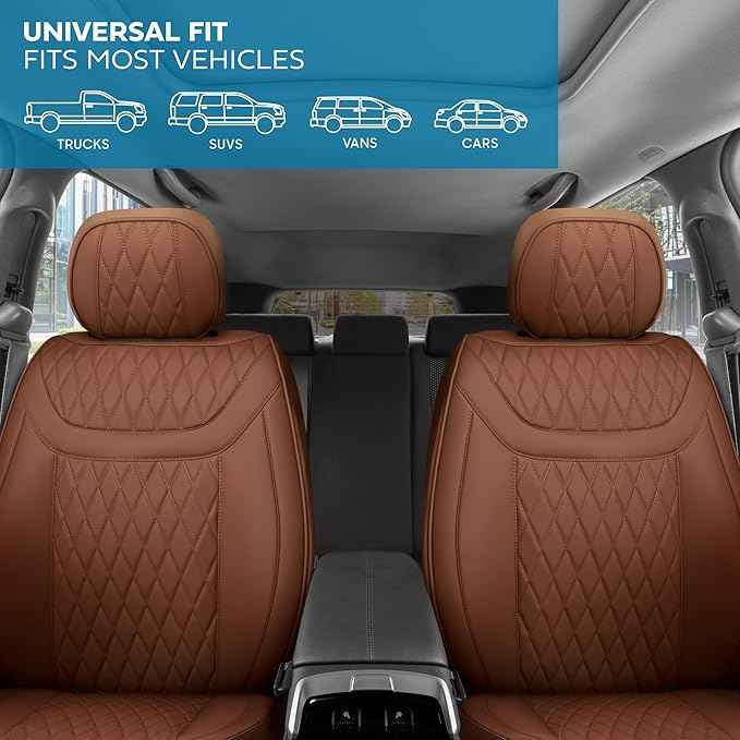 Car Seat Covers – Ranch Leatherette Faux Leather Brown Seat Covers for Car – Diamond Stitched Cushioned Interior Protectors for Automotive Accessories, Trucks, SUV, Cars – Two Front Covers
