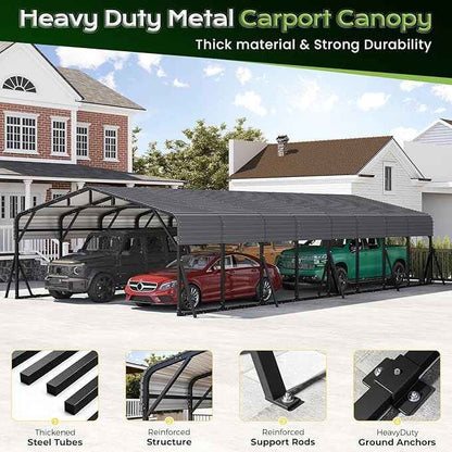 20x40FT Heavy Duty Metal Carport, Outdoor Portable Car Garage w/Reinforced Support Rods & Windproof Ground Anchors, All-Season Versatile Outdoor Shelter for Car, Boats, Truck