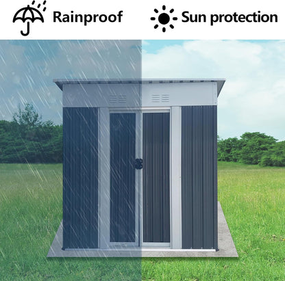 5x3 FT Outdoor Storage Shed with Sloping Roof, Waterproof Metal Garden Sheds w/Lockable Sliding Doors and Vents, Weather Resistant Tool Storage House for Backyard, Patio, Lawn, Grey