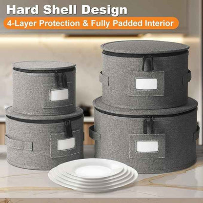 China Storage Containers, 4PCS Hard Shell Dish Storage Containers with Felt Dividers for Charger Plates Dinnerware, Moving Boxes for Dishes, Stackable Plate Storage Cases for 12 Place Setting