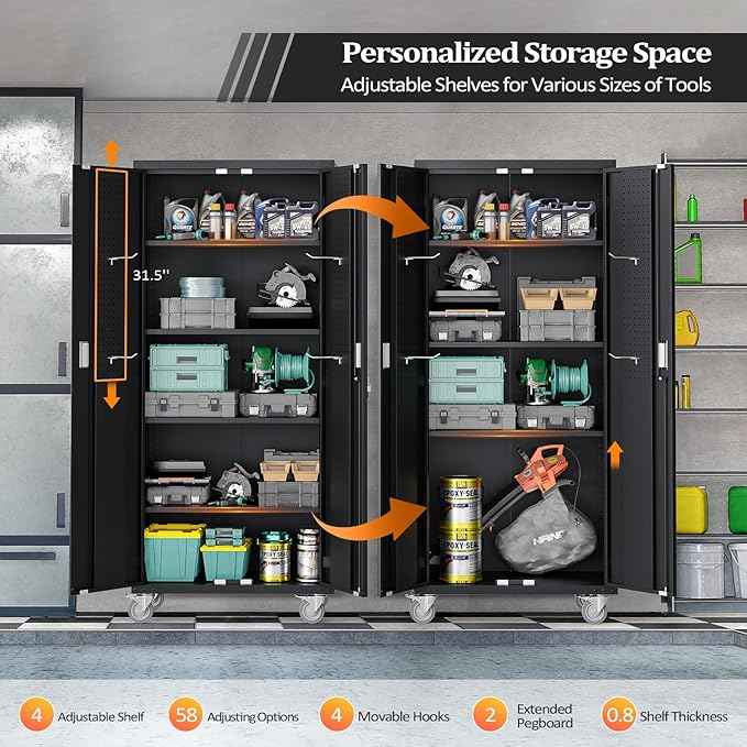 VINGLI 72'' Tall Garage Storage Cabinet, Metal Storage Cabinet with Pegboards, Wheels, Locking Doors and Adjustable Shelves (Black, 32''W x 16''D x 72''H)