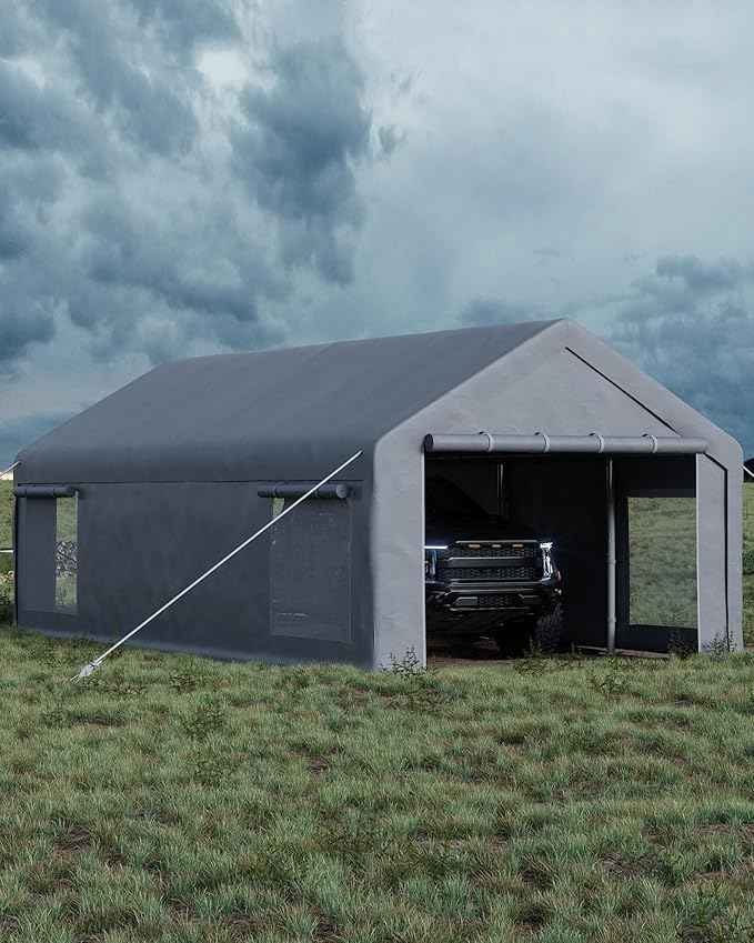 GarveeLife 13x25 ft Portable Garage, Car Port with 220 g PE Tarp Cover, with Front & Rear Roll-Up Doors and 4 Windows, for Temporary Paint Booth, Boats&Pickups Shed, and Event Shelter, Gray