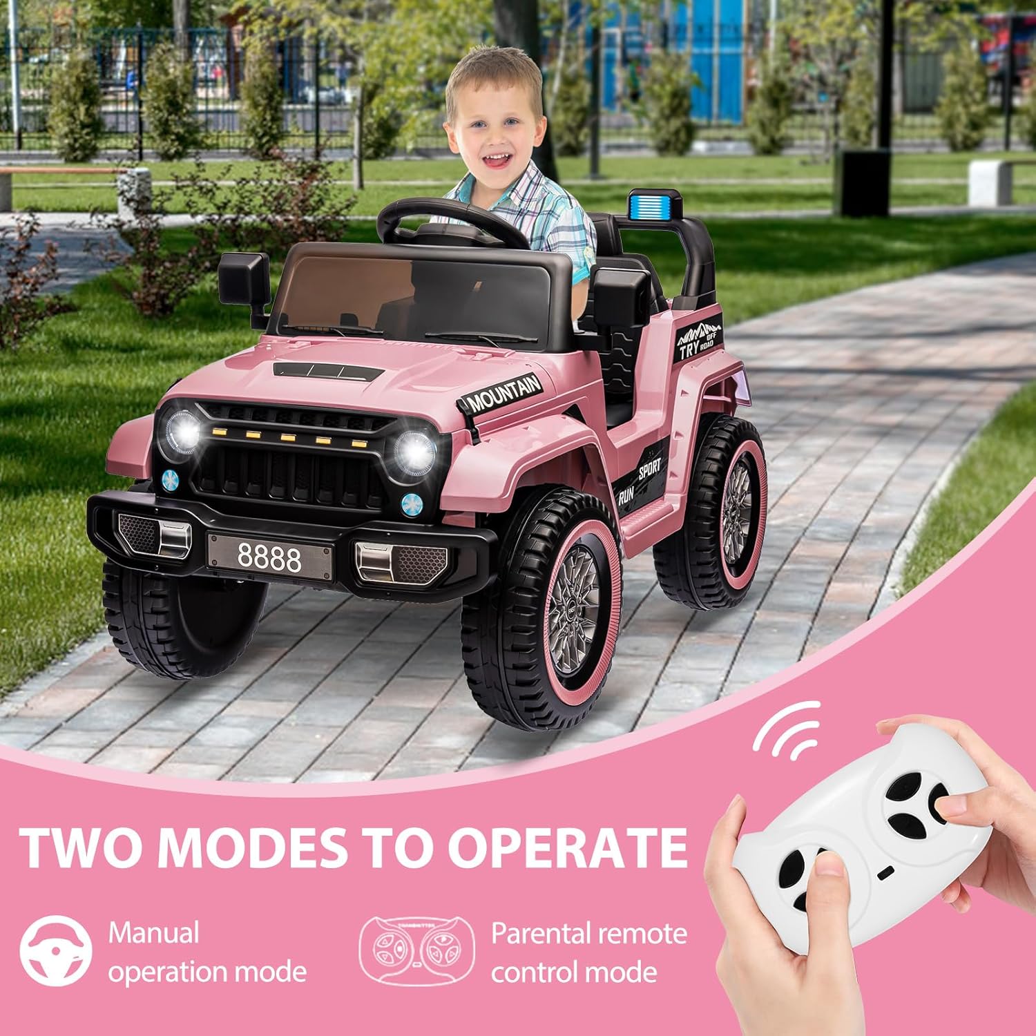 12V Kids Ride On Truck Car, Battery Powered Electric Vehicles with Remote Control, Spring Suspensions, 3 Speeds, LED Lights, Music, MP3, Ride On Toy Car for Children Toddles Boys Girls, Light Pink - AutoBay