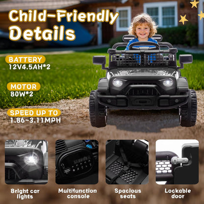 24V Ride on Toys with Parents Control, Ride on Truck Car with Four-Wheel Suspension, Electric Vehicles for Kids, Power Display, Bluetooth, MP3, Music, LED Headlight, 1.86-3.11MPH (Black) - AutoBay