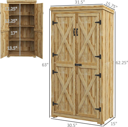Wooden Garden Shed, Outdoor Storage Cabinet with Waterproof Galvanized Metal Roof, Narrow Tool Shed with 3 Shelves and Lockable Door, Natural