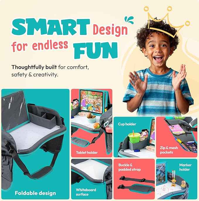 Kids Travel Tray with Dry Erase Board WITRIP- Car Seat Tray for Kids Travel, Carseat Table Top for Toddler, Lap Desk for Car Seat, Activity Organizer & Snack Holder,Road Trip Essentials for Kid (Aqua)