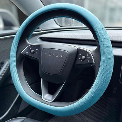 PINCTROT Nappa Leather Steering Wheel Cover for Tesla Model Y/3 Highland/Juniper, D Shaped 14 Inch Small Sized with Breathable Perforation, Fit Like Gloves, Flat Bottom 14 Inch(Nappa Aqua)