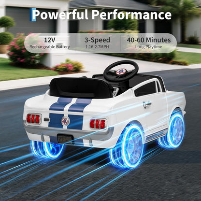 12V Ride on Car Licensed Shelby GT350, Battery Powered Ride On Toy for Toddlers with Remote Control, Electric Car for Kids, Bluetooth, Shock Absorbers, Safety Belt, 3 Speeds, LED Lights, Music, White - AutoBay