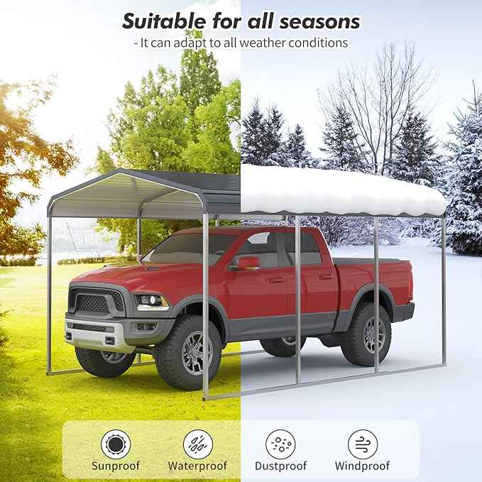 Garvee 10x15 ft Heavy Duty Metal Carport Shed, Reinforced Galvanized Steel Frame & Roof, Permanent All-Weather Shelter for Cars, Trucks, Boats, ATVs, Tractors & Motorcycles