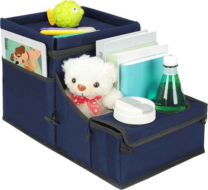 Car Seat Organizer, Backseat Car Organizer with Cup Holder Tray and Storages for Kids and Adults, Portable Travel Cooler for Car for Front or Back Seat Passenger Organizer Ccompartment (Navy Blue)