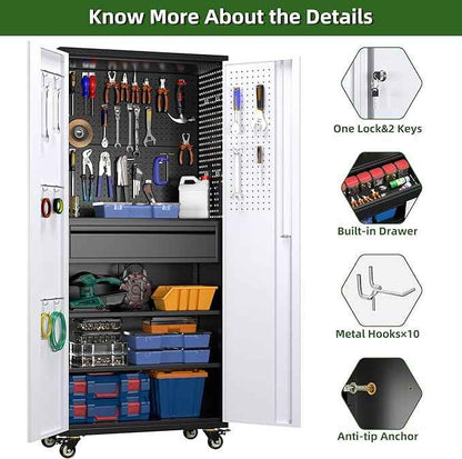 Aobabo Garage Storage Cabinet with Wheels, Metal Storage Cabinet with 1 Drawer for Home,Garage,Assembly Required,Black&Grey