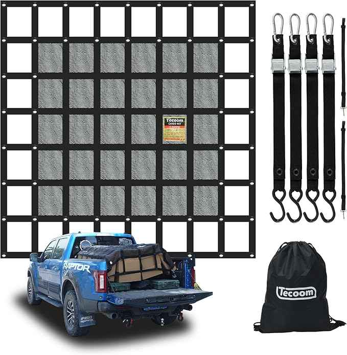 Tecoom Cargo Net for Pickup Truck Bed, 8.1x6.66 ft Heavy Duty Cargo Net, Organizer Netting, Cargo Carrier for Toyota, Ford, Chevy Silverado, GMC, RAM