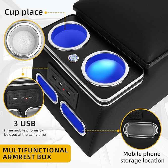 Universal Truck Seat Organizer with Padded Armrest Lid | Features 3 USB Ports, 2 Drawers & Cup Holders | Extra Storage for Car, SUV & Van