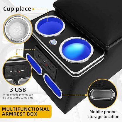 Universal Truck Seat Organizer with Padded Armrest Lid | Features 3 USB Ports, 2 Drawers & Cup Holders | Extra Storage for Car, SUV & Van