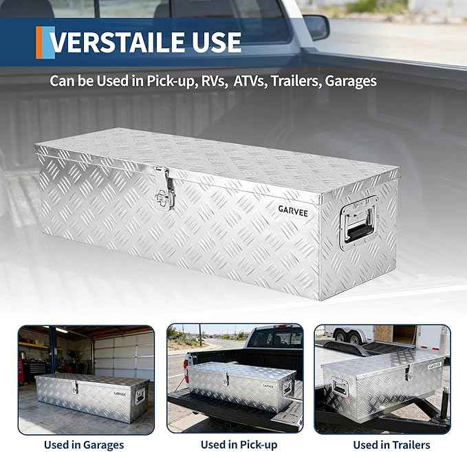 Garvee 48 Inch Aluminum Truck Bed Tool Box - Heavy Duty Diamond Plate Tool Chest with Lock and Keys | Storage Organizer for Pickup Trucks, RV, Trailers | Side Handles, 48 x 15 x 15 Inches, Silver