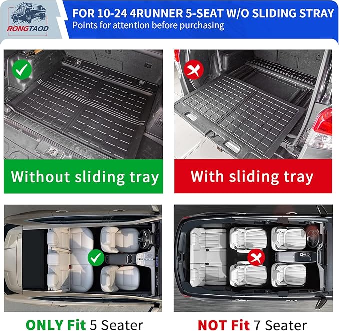 Rongtaod Cargo Mat Compatible with 2010-2024 Toyota 4Runner 5 Seats Trunk Mat Cargo Liner Back Seat Cover Protector 2023 Toyota 4 Runner Accessories (Trunk Mat+Backrest Mats,Fit Without Sliding Tray)