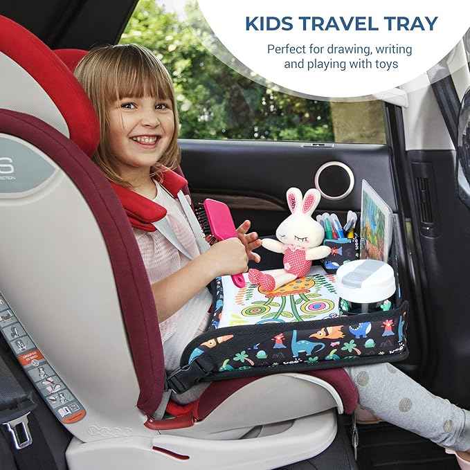 COOLBEBE Kids Travel Tray for Toddler Car Seat, 2PCS Travel Tray for Airplane, Toddler Car Seat Lap Tray, Carseat Table Tray for Kids Travel Activities(Dinosaur & Pink Unicorn)