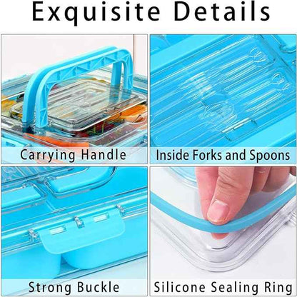 Snack Box Container with Insulated Cooler Bag, Divided Serving Tray with Lid and Handle Beach Essentials, Snackle Box Veggie Fruit Tray with 8 Compartments & 8 Forks & 2 Spoon Blue