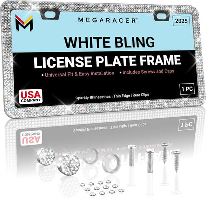 Dazzling Bling License Plate Frame for Women - 1 Pack, 800 Premium Rhinestones, Rust-Free Stainless Steel, Street Legal Slim Design, Sparkly Diamond Car Tag Holder with Glitter Crystal Screw Covers