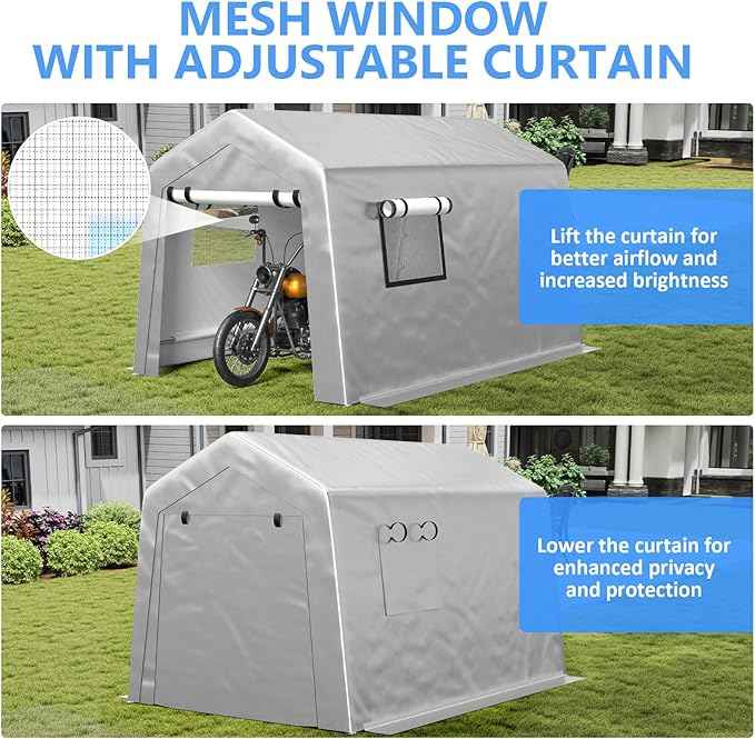 Carport 6x8 FT Enclosed Carport with Roll-up Windows, Portable Garage with Removable Sidewalls & Doors, Car Canopy Tent with Sandbags All-Season Tarp for Bike Motorcycle