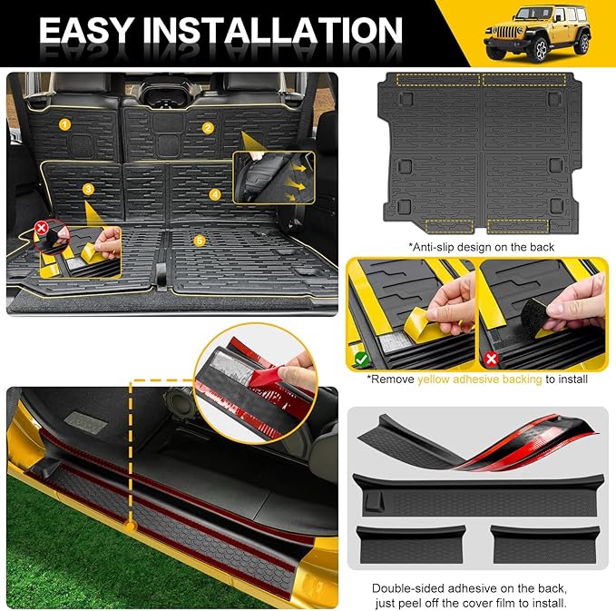 Cargo Mats with Door Sill Guards for 2018-2025 Jeep Wrangler JL Unlimited 4X4 Accessories All Weather Rear Seat Back Cover Trunk Liner Door Sill Protector for JL JLU Gas Type 4 Door(Not 4XE)