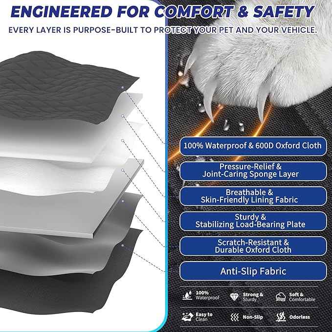 Truck Dog Seat Cover for Back Seat, Hard Bottom Dog Hammock Support to 450 lbs, Waterproof & Scratch-Proof Pet Bed Extender for Full Size Crew Cab Truck SUVs F150/RAM1500/Silverado, Black