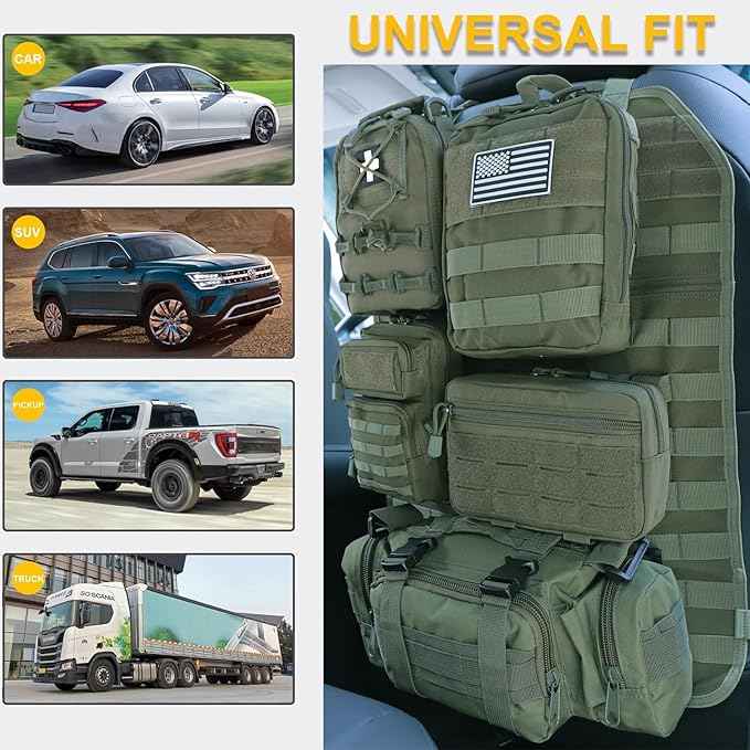 Universal Tactical Car Seat Back Organizer Bag Tactical Molle Vehicle Organizers Panel Vehicle Protector Organizers with 5 Detachable Pouches for Car Truck Ford Jeep (Model B-Army green)