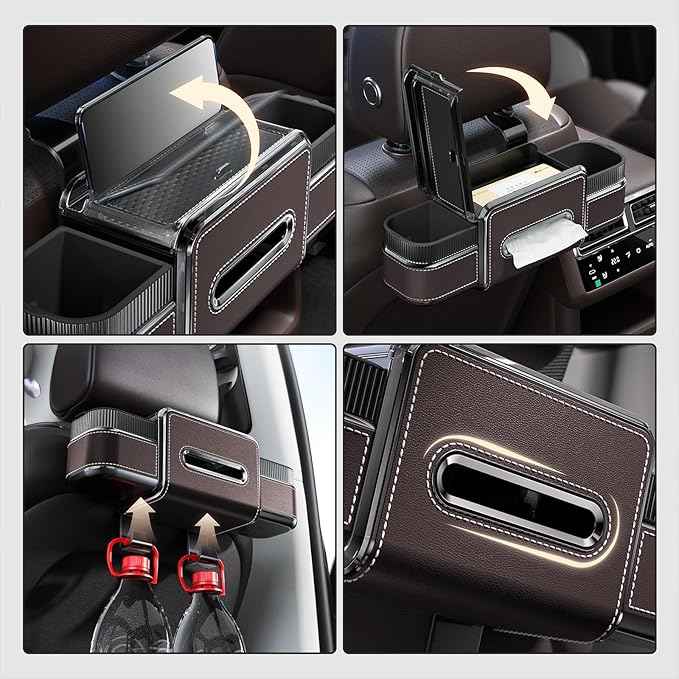 Multifunctional Car Headrest Backseat Organizer Box with Drink Cup Holder, Makeup Mirror, Tissue Box & Hooks for Car Seat Back, Upgrade Car Headrest Backseat Organizer Great for Kids and Travel(Brown)