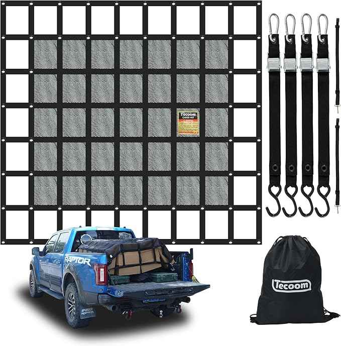 Tecoom Cargo Net with Mesh, 8.4 x 7.51ft 1,500 LBS Capacity Truck Bed Net for Trailer, Trucks, Boat, Jeep, Pickup, Heavy Duty Cargo Net with Adjustable Cam Buckles & S-Hooks & Cross Strap