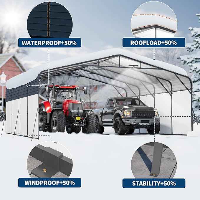 20x20FT Metal Carport w/Led Light,Outdoor Portable Car Garage,Removable PE Sidewalls,Reinforced Base & Galvanized Steel Roof, Outdoor Car Port Canopy Shelter for Boats, Full-Sized Pickup Trucks
