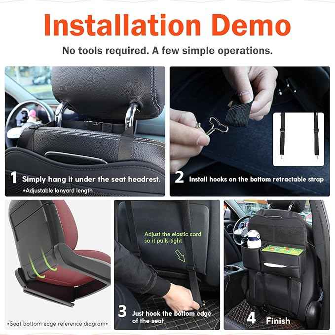 Leather Car Seat Back Organizer with Tissue Holder, Water Bottle Holder, Phone Holder for Road Trips. (Black)