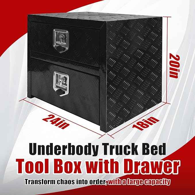 Underbody Truck Tool Box 24"x 18"x 20" Heavy Duty Double-Layer Aluminum Truck Bed Toolbox with Drawer and Lower Door Tools Storage Organizer with Lock and Keys Suitable for Truck Bed Pickup RV Trailer