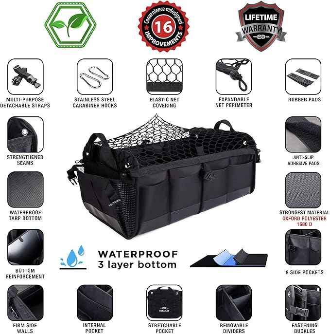 2-Section Trunk Organizer Foldable Car Storage Bin – Compact Dual-Compartment Auto Organizer with Cover Net, Non-Slip Pads, Heavy Duty Oxford 1680D – Black