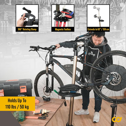 BikeHand Bike Repair Stand | Lightweight & 360 Adjustable Home Bicycle Mechanics Workstand w/Magnetic Tool Plate | Quick Release Portable Bike Maintenance Stand for Mountain & Road Bike