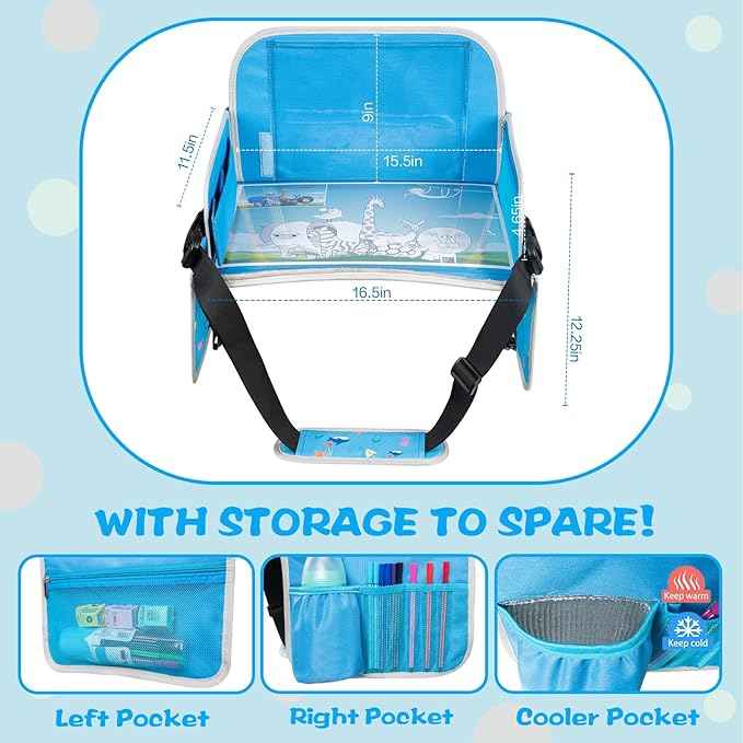 MENZOKE Kids Travel Tray, Car Seat Tray for Kids Travel, Toddler Essentials Girls with Tablet Holder, Road Trip Essentials with Cooler Cup Holder, Dry Erase Board & Storage Pocket for Airplane, Blue