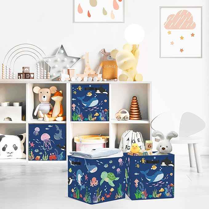 Clastyle 3 pcs Ocean Animals Cube Storage Unit Bin with Metal Frame Foldable Kallax Box for Shelves Parents Closet Organizer Basket for Book Clothes Toy Organizer, Blue, 11.8x11.8x11.8 in