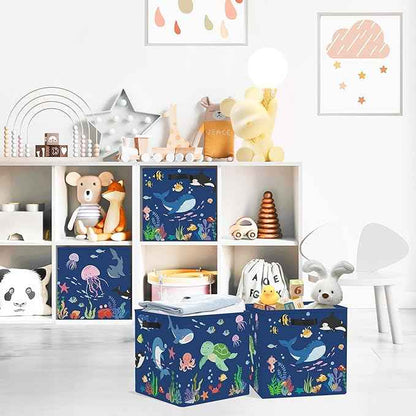 Clastyle 3 pcs Ocean Animals Cube Storage Unit Bin with Metal Frame Foldable Kallax Box for Shelves Parents Closet Organizer Basket for Book Clothes Toy Organizer, Blue, 11.8x11.8x11.8 in
