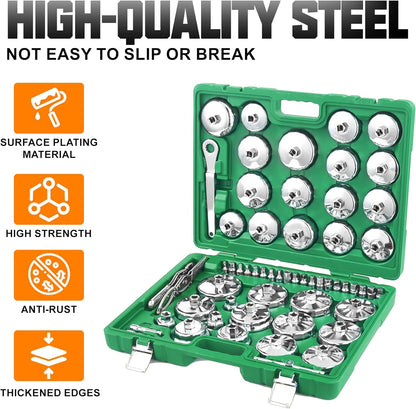 Auto Oil Filter Socket Wrench Set, Cup Type 1/2 inch Drive Cap Removal Tool, with Drain Plug Socket Set/Adjustable/Drive, Compatible, all Models Car, SUV, Oil Filter (58, GREEN)