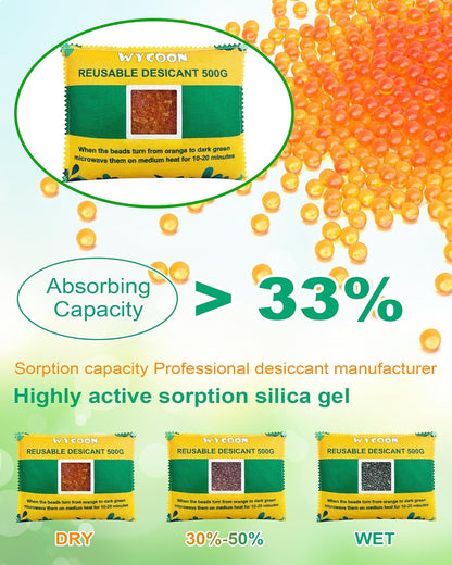 Rechargeable Desiccant Pack 2 x 500g, Moisture Absorber with Transparent Indicator Window, Silica Gel Desiccant Dehumidifier for Closet, Basement, Gun Safe, RV,Garage & Storage