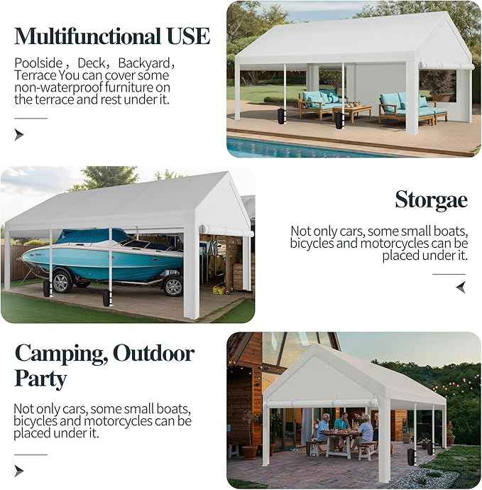 Shintenchi Portable Garage Canopy,10x20 FT Heavy-Duty Design Carport,Carport Canopy with Side-Opening Removable Door & Roll-Up Window,Portable Car Port for Car, Truck, Boat,White