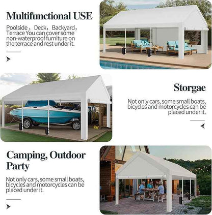 Shintenchi Portable Garage Canopy,10x20 FT Heavy-Duty Design Carport,Carport Canopy with Side-Opening Removable Door & Roll-Up Window,Portable Car Port for Car, Truck, Boat,White